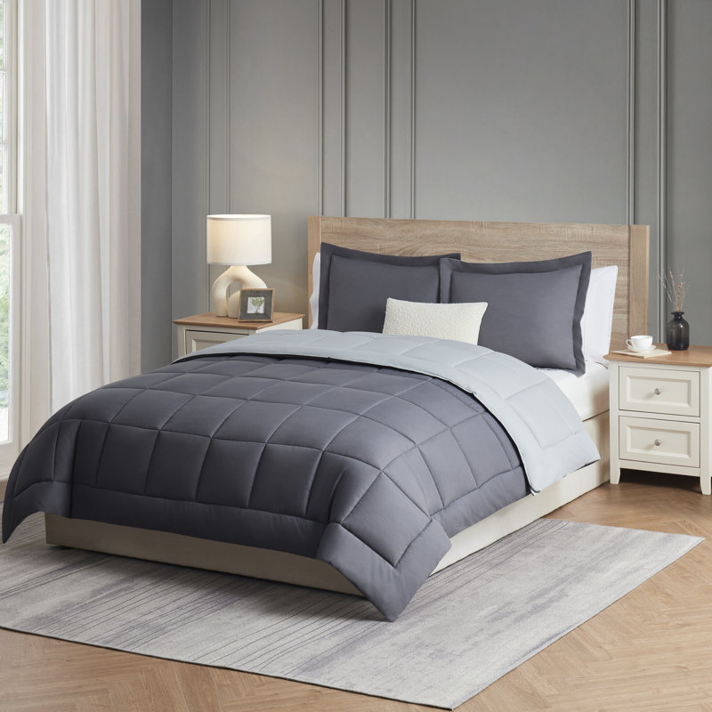 Édredon en duvet synthétique toutes saisons Nestl, Édredon double + 2 taies décoratives standards, Gris/gris pâle