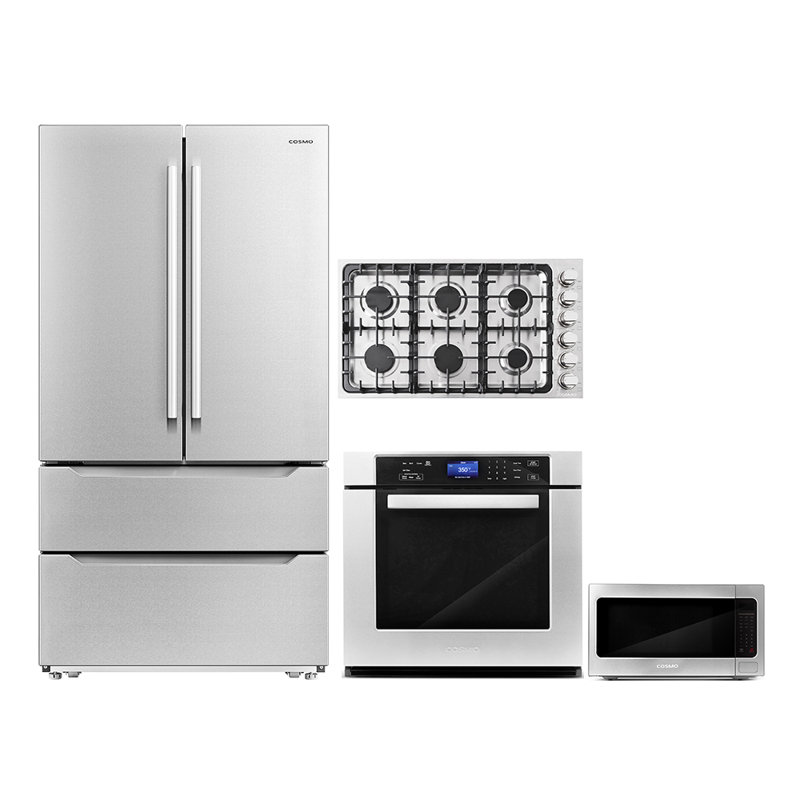 Cosmo 4 Piece Kitchen Appliance Package with French Door Refrigerator 36'' Gas Cooktop Built-In
