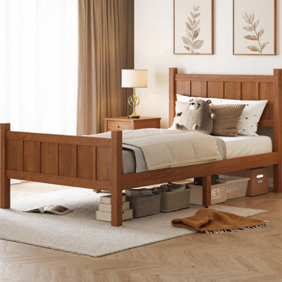 Lit simple à panneau plat avec tête et pied de lit, lit plateforme minimaliste, style campagnard style Shaker moderne, finition grain de bois, rangement sous le lit, mobilier de chambre à coucher