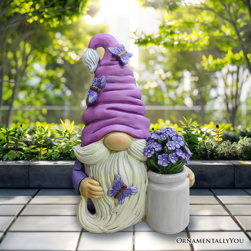 Lavender and White Resin Garden Gnome Statue with Flowers