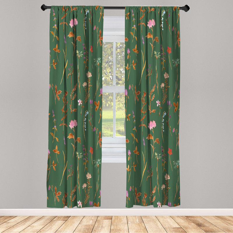 Microfiber Floral Semi-Sheer Rod Pocket Curtain Panels, 28" W x 84" L, Moss Green/Red