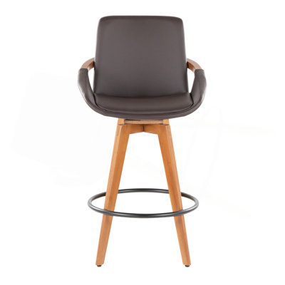 Tabouret de comptoir à hauteur fixe avec pivot en bambou et similicuir avec repose-pieds rond en métal noir