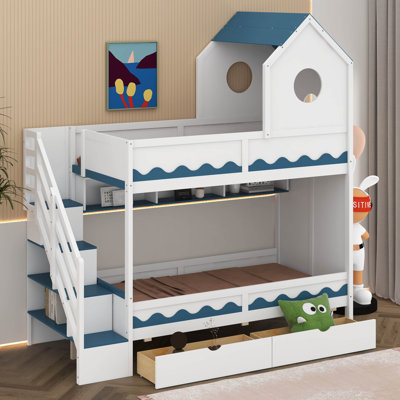 Lit superposé simple au-dessus de simple avec escalier, lit à thème pour enfants avec lumières à DEL, tiroirs et tablettes de rangement, panneau à texture ondulée