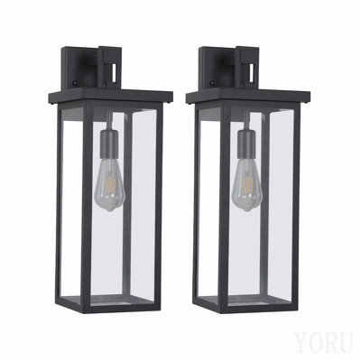 Ensemble de 2 lanternes murales extérieures modernes de 20 po (H) avec cadre en métal noir et verre transparent, appliques murales résistantes aux intempéries pour l'éclairage de porche, de garage ou de vestibule, compatibles avec les ampoules E26 (sans ampoules)