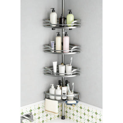 Shower Caddy Tension Pole, 4-Tier Rustproof Corner Shelf For Renters, 47-121 Inch Adjustable With Soap Holder
