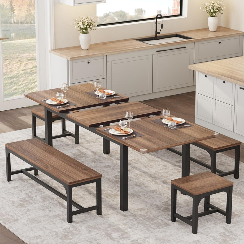 5-pcs(2 Benches & 2 Stools),dining Table Set For 6-8 With Benches And Stools