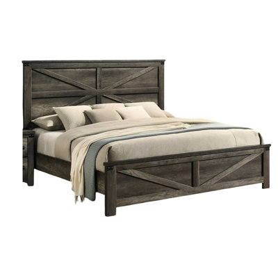 Queen Size Bed Frame In Rustic Gray Color, Metal And Wooden Legs, Contemporary Bedroom Accent With Engineered Wood Metal, Headboard, Transitional Style