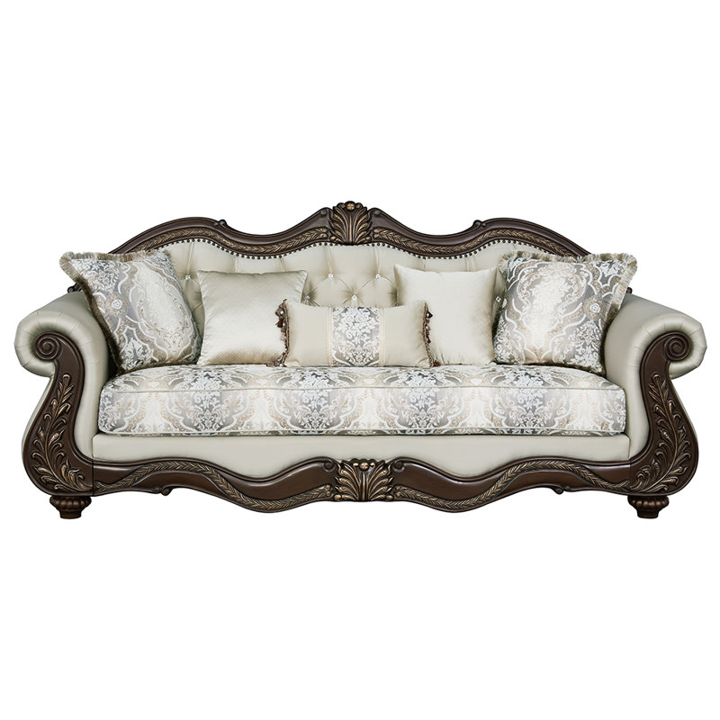 Albiery Upholstered Sofa with 5 Pillows In Beige and  Cherry