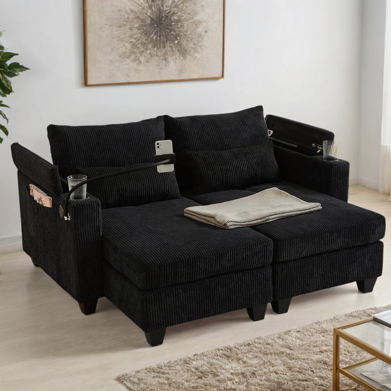 Canapé-lit convertible pour méridienne avec ports USB, porte-gobelets et accoudoirs de rangement, Noir