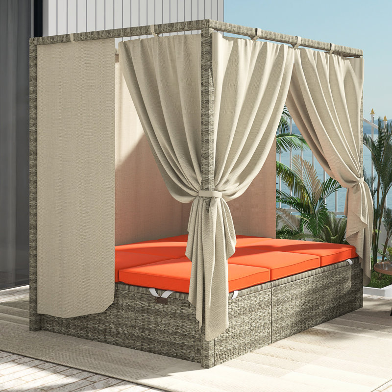 Lit de soleil réglable avec rideau en orange ｜ Coussin polyeste avec support ｜ Dossier à réglage libre, Orange