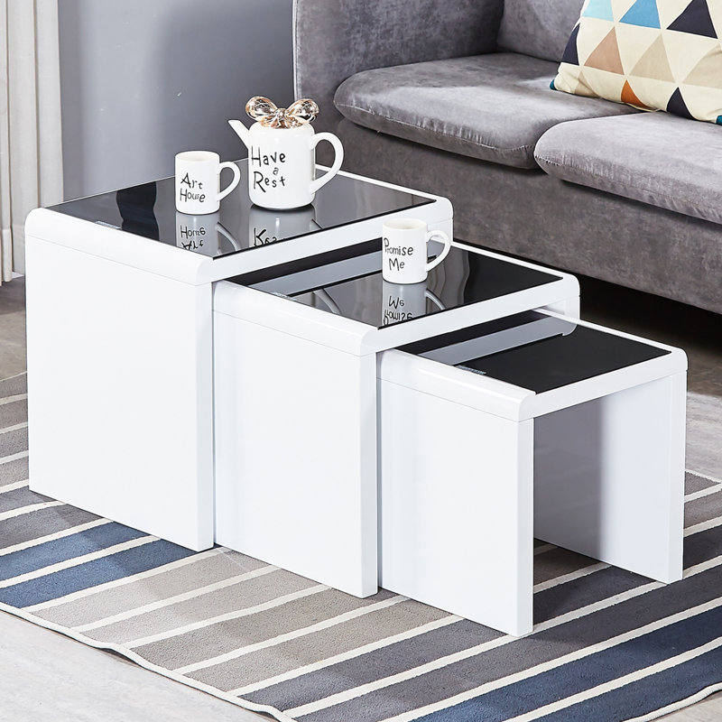 Espartaco High Gloss Glass Top 3 - Piece Nesting Coffee Table/Side Table, Black & White