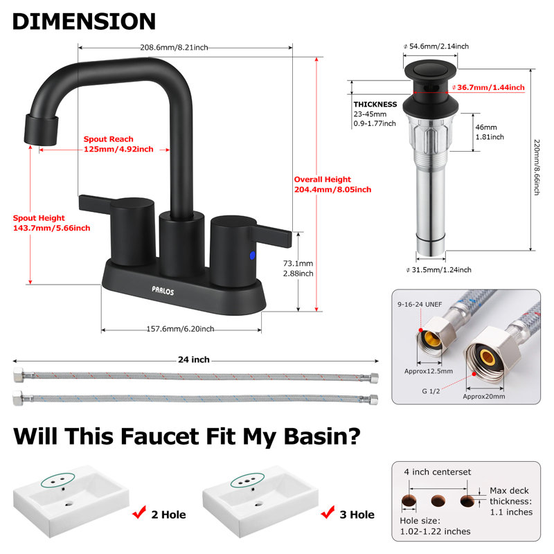 Robinet de salle de bain à 2 poignées avec ensemble de drain Centreset, Noir mat