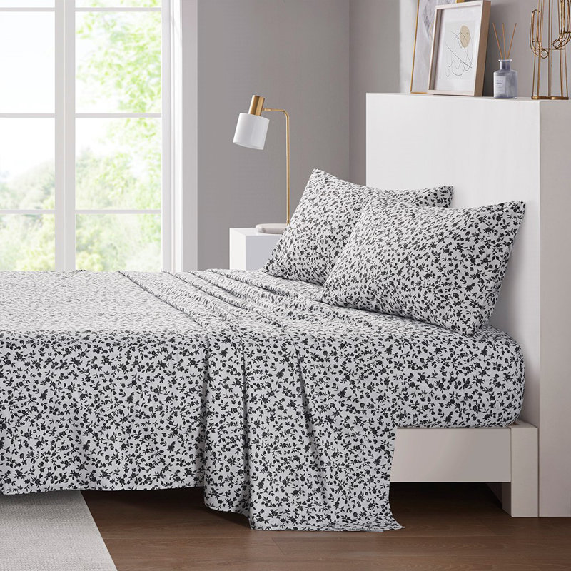Queen Black Floral Microfiber Sheet Set