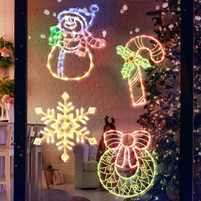 4-piece Christmas Window Silhouette Lights With Wreath, Candy Cane, Snowflakes & Snowman