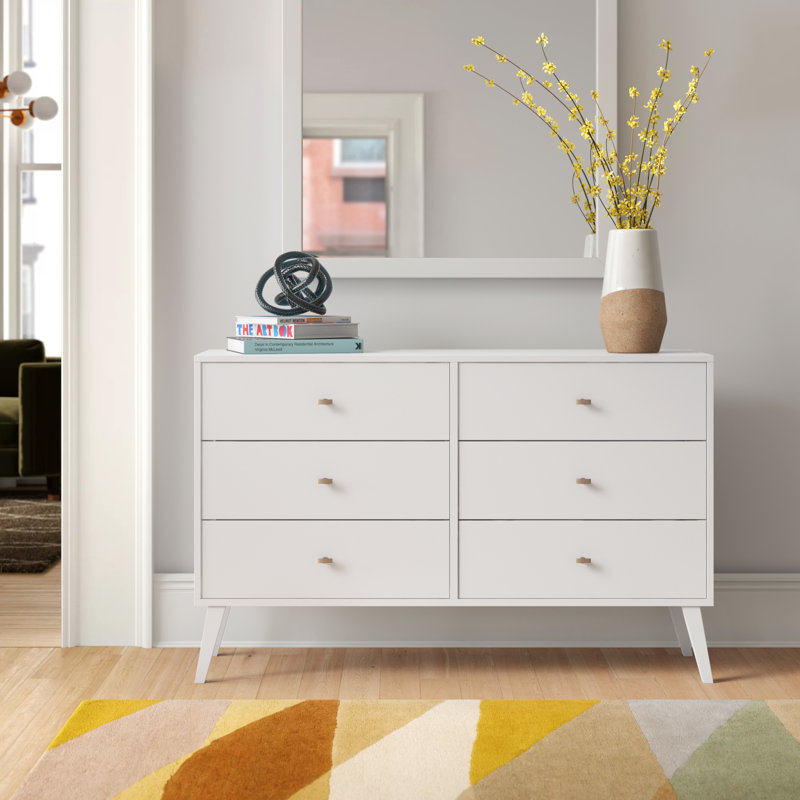 Commode double 6 tiroirs pour chambre double Breux Mid-Century, Blanc
