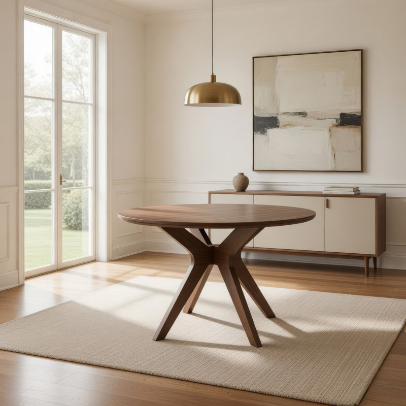 Table de salle à manger ronde Jeyn, base courbée moderne, bois de manguier brun de 45 pouces