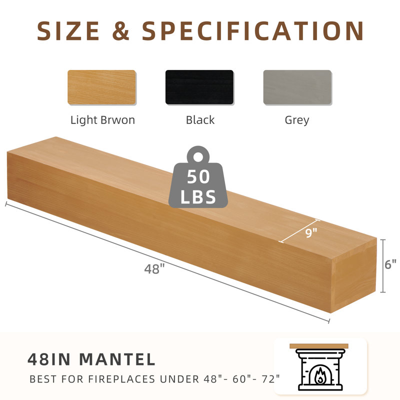 Manteau de cheminée en bois rustique | Tablette murale et flottante pour la décoration intérieure, H 6 po x l 48 po x P 9 po