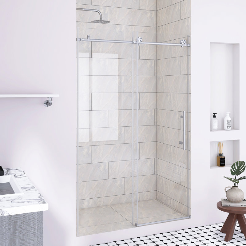 44-48 "W X 76" H Frameless Sliding Shower Door In Brushed Nickel ｜ 1/4 "(6 Mm)  Tempered Glass｜Elevated Bottom Water Blocking Strip｜Explosion Proof Film｜ Stainless Steel Handle