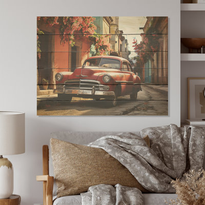 «Vintage Cuban Car Heritage I - Cuba Landscape», art mural sur bois de pin naturel