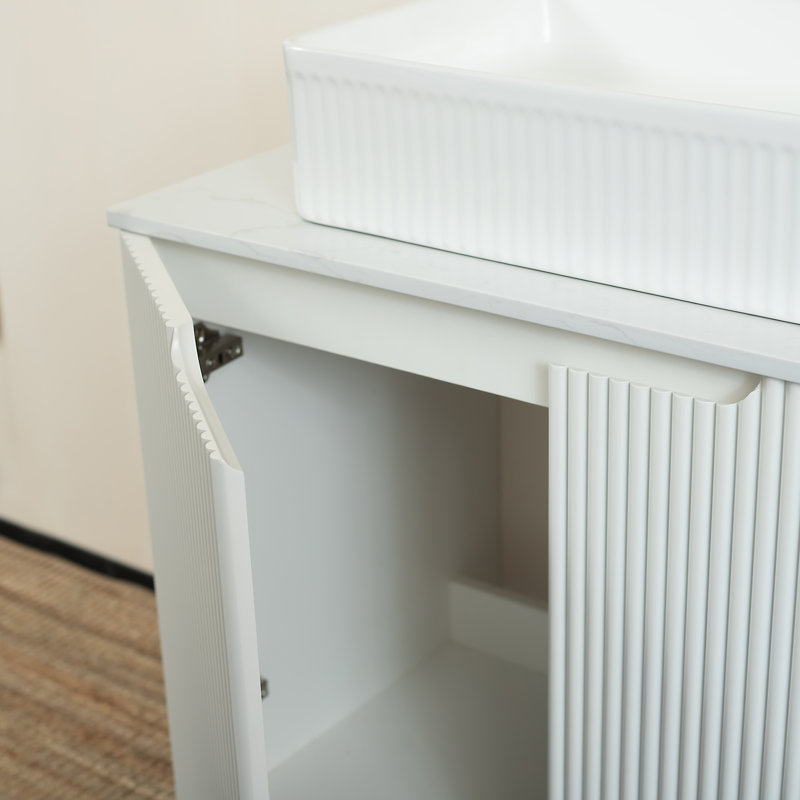 Meuble-lavabo autoportant avec 2 portes, lavabo en céramique et comptoir Carrara, Blanc