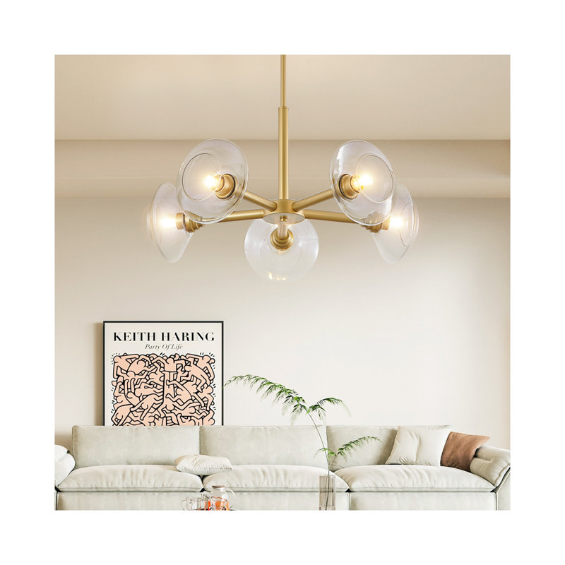 Lustre spoutnik moderne doré avec abat-jour en verre transparent, H 31,50 po x l 26,40 po x P 26,40 po, 5, 100 V