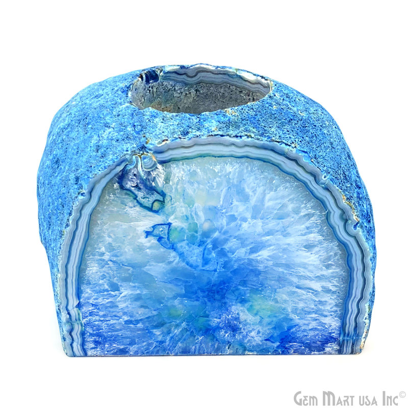 Porte-bougie en agate brute, décoration en cristal bleu, décoration en agate naturelle