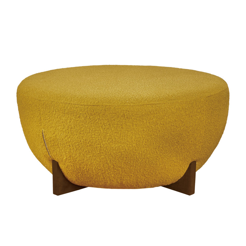 Tabouret rembourré en tissu avec pieds en bois d'hévéa et bouclé jaune moutarde
