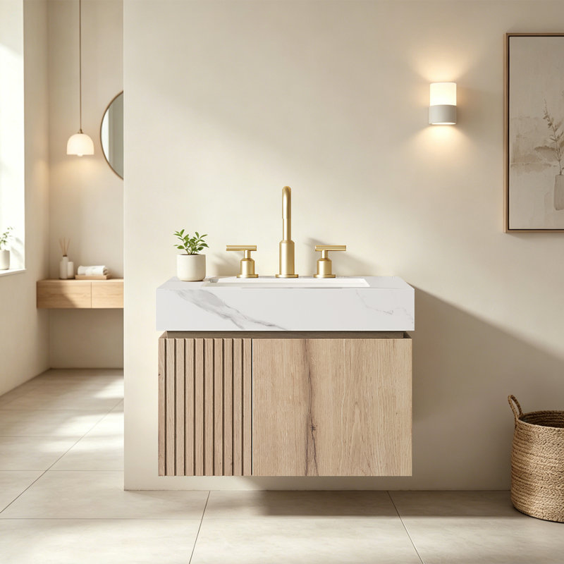 Meuble-lavabo suspendu de luxe de 61 cm avec lavabo en céramique, style moderne familial. Meuble-lavabo suspendu préassemblé, de style milieu du siècle, en pierre frittée.