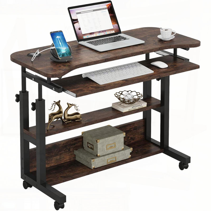 Portable Height Adjustable Desk with Power Outlets – Mobile Laptop Cart with Keyboard Tray