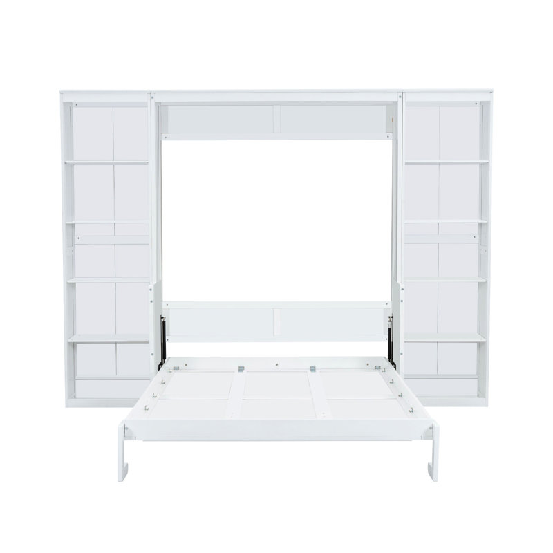 Queen Bed With Desk And Bookshelf, White - Solid Pine Wood & . Space Saving For Bedroom. No Spring Box Needed. Ample Storage Facilities. Foldable Size Book Shelf Trait, Ardent