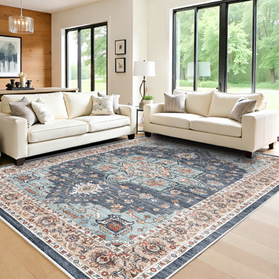 Washable Oriental Area Rug - Rugs for Living Room Soft Carpet for Bedroom Waterproof Floral Distressed Indoor Stain Resistant Non-Shedding Floor Carpets (Blue/Teal/Orange)