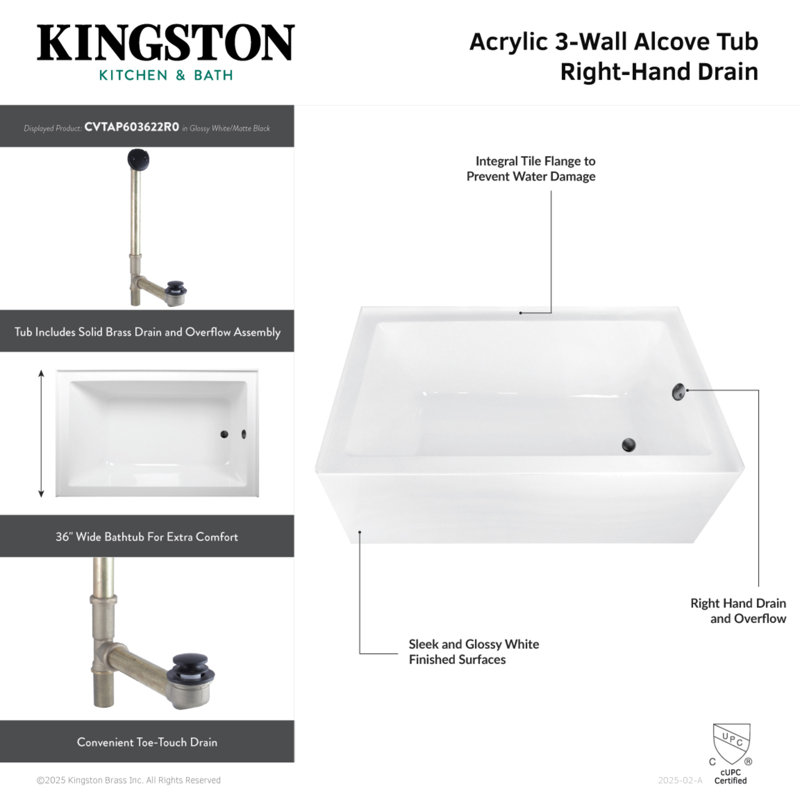 Kingston Brass Aqua Eden 60-Inch Acrylic Rectangular 3-Wall Alcove Tub, Right Hand Drain, Right Hand Drain, Antique Brass