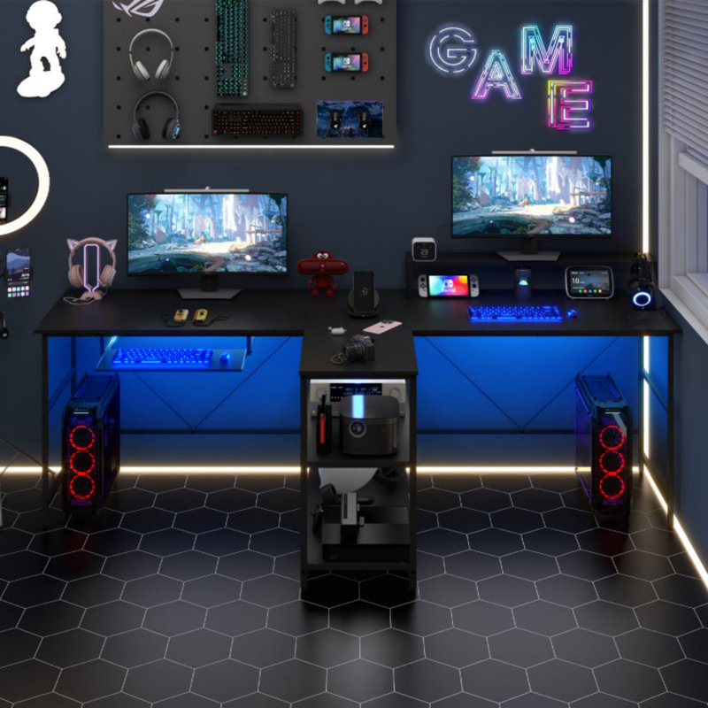 2-Person Reversible Computer Desk Long Office Desk With LED Lights, Black
