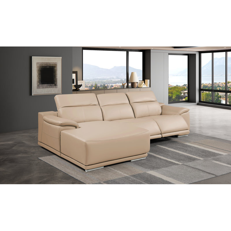 Canapé modulaire en L en cuir véritable 3 pièces beige avec 2 fauteuils inclinables et appuis-tête réglables