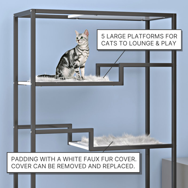 62" Metropolitan Cat Condo - Metal Frame Modern Cat Tower with Replaceable Cushions, Black Frame with White Faux Fur, Black