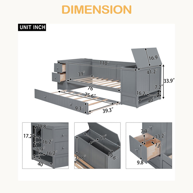 Lit de jour simple avec accoudoirs de rangement, lit gigogne et station de charge, Gris