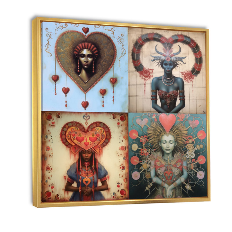 Trois déesses de l'unité universelle sur toile, H 16 po x l 16 po, Cadre flottant doré