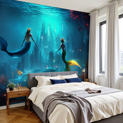 Peel and Stick Wallpaper 96" W x 69" H Modern Self Adhesive Wall Mural for Bedroom Underwater City Altantis Mermaid Mermen Landscape
