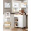 Chariot pour îlot de cuisine avec armoire double et tiroir, chariot de rangement roulant avec barre d'alimentation et abattant, pour la cuisine ou le salon, blanc et naturel