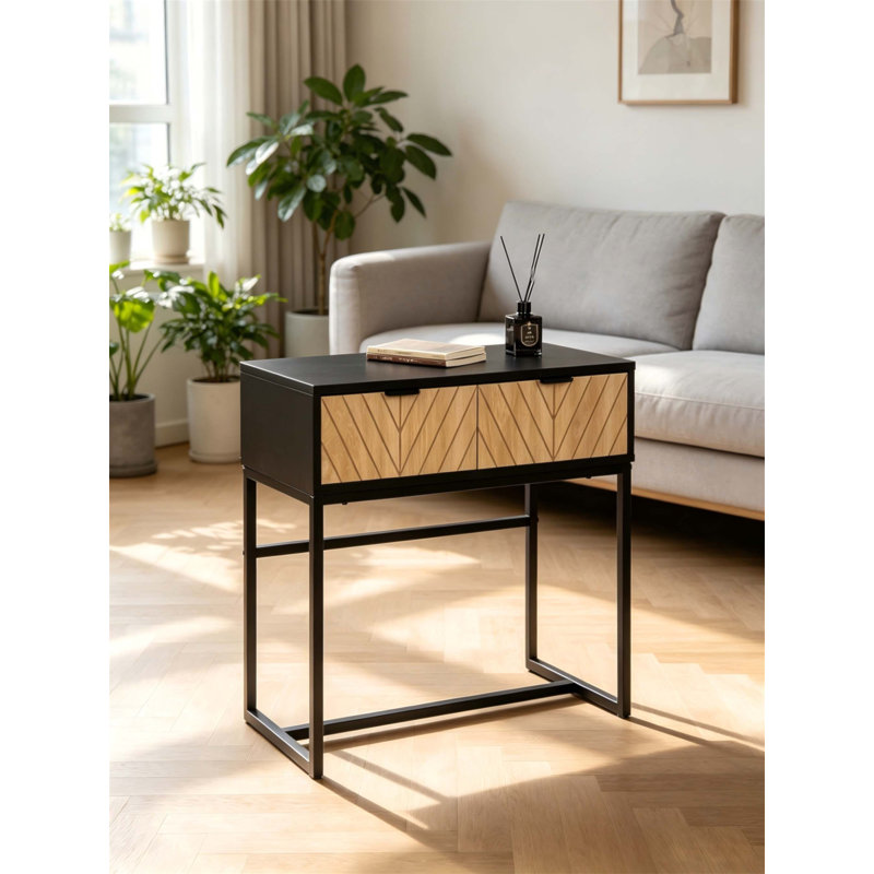Console de vestibule moderne, tiroirs en bois à chevrons, structure en métal mat, rangement compact pour les petits espaces