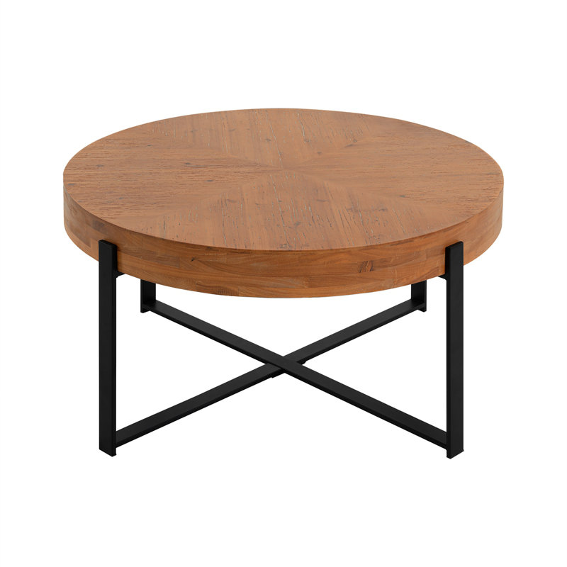 33.86"Modern Retro Splicing Round Coffee Table, Fir Wood Table Top With Black Cross Legs Base(Same SKU:W757127347), Black
