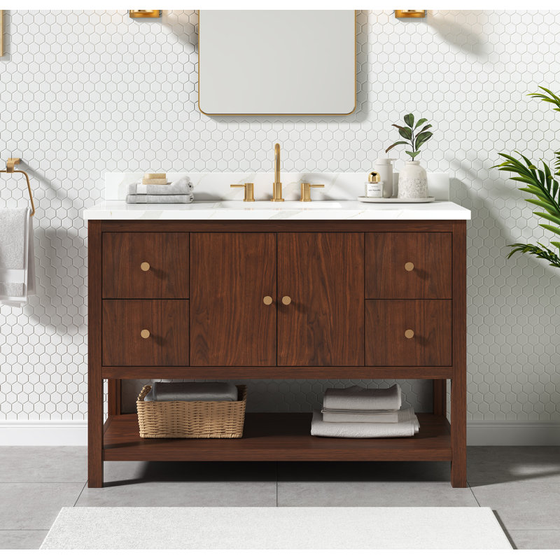 Zoe 48'' Walnut Single Bathroom Vanity Base with Gold Hardware