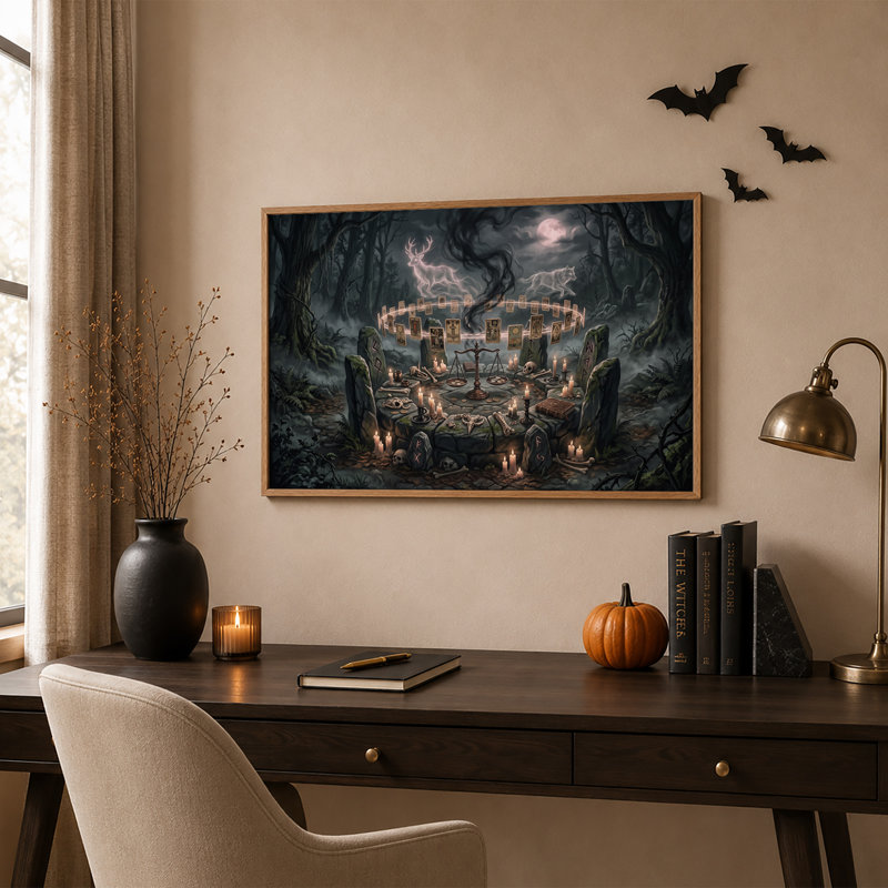 Autel en pierre avec cartes de tarot flottantes et toile murale d'Halloween, H 36 po x l 48 po