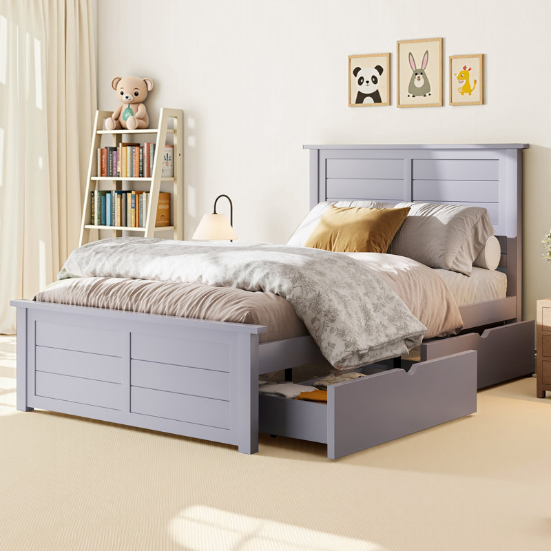  Lit plateforme simple en bois massif avec 4 tiroirs de rangement, pour enfants, adolescents, bleu gris, Bleu, Lit simple