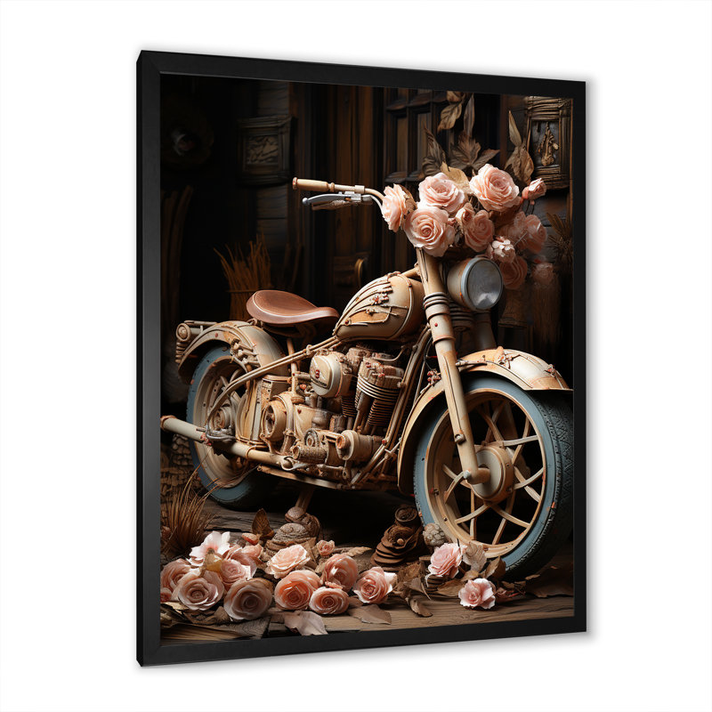 " Rustic Adventure Flower Motorcycle ", Black Single Picture Framed, 44" H x 34" W x 1.5" D