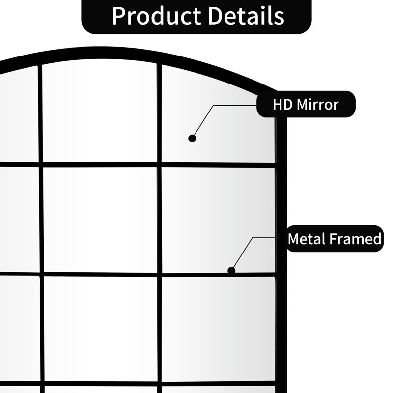 Modern Farmhouse 36" x 24" Black Metal Arched Windowpane Mirror