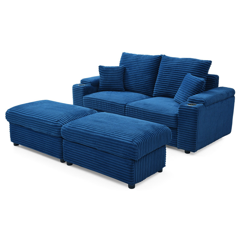 Loveseat With Ottomans,Corduroy Fabric Modular Sectional Sofa,Comfy Deep Plush Couch With Ottomans And Two Pillows,For Small Spaces, Living Room,Bedroom, Office