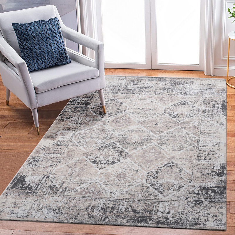 Cream / Anthracite / Traditional Area Rug, Rectangle 6'7" x 7'9"