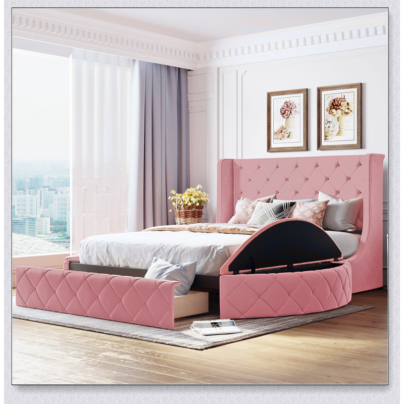 Upholstered Platform Bed Storage Velvet Bed With Wingback Headboard And 1 Big Drawer,2 Side Storage Stool, Pink