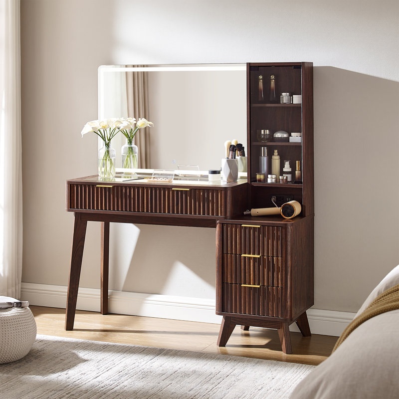Carsin 48" W Engineered Wood Makeup Vanity with Lighted Mirror, Dark Walnut